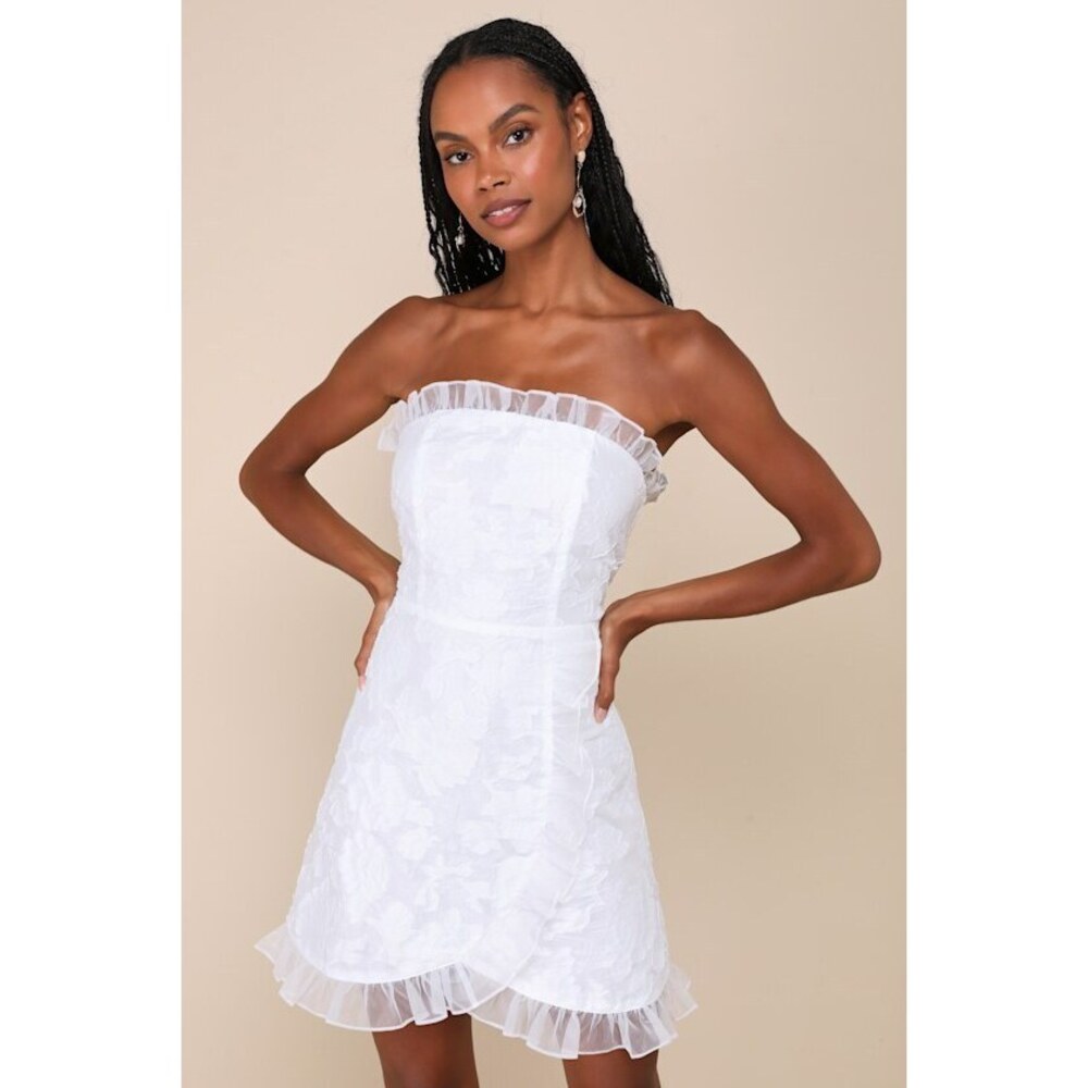 Lulus Exclusive Sweetness White Floral Jacquard Ruffled Mini Dress - Size M